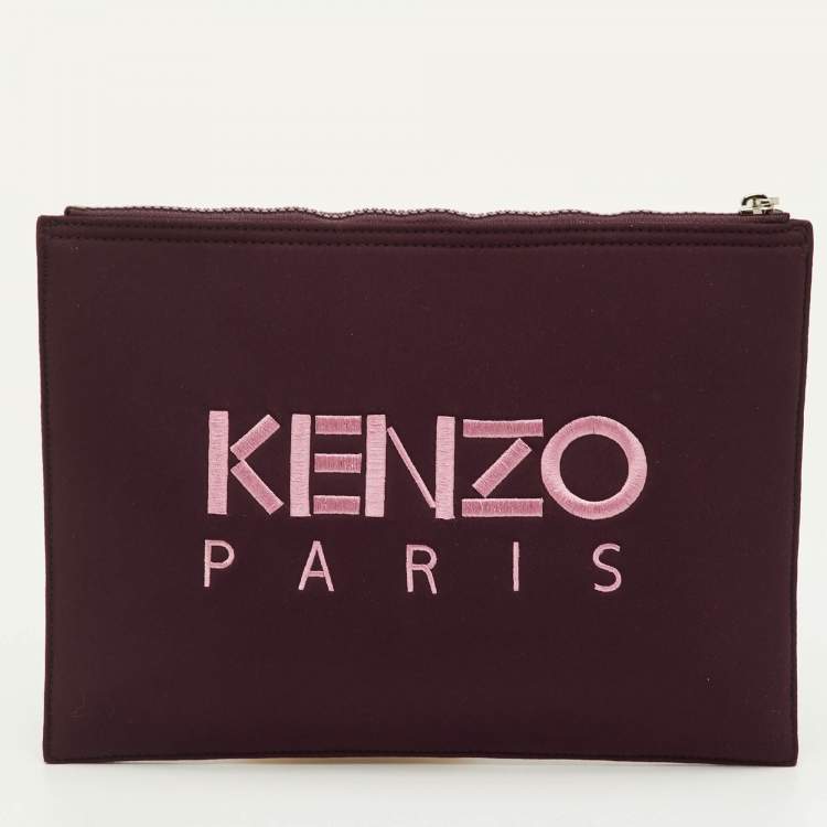 Pre Owned Kenzo Tiger Embroidered Burgundy Neoprene Zip Pouch Clutch