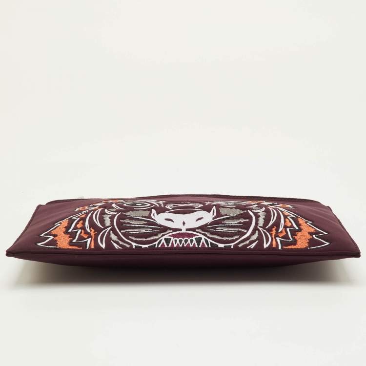 Pre Owned Kenzo Tiger Embroidered Burgundy Neoprene Zip Pouch Clutch
