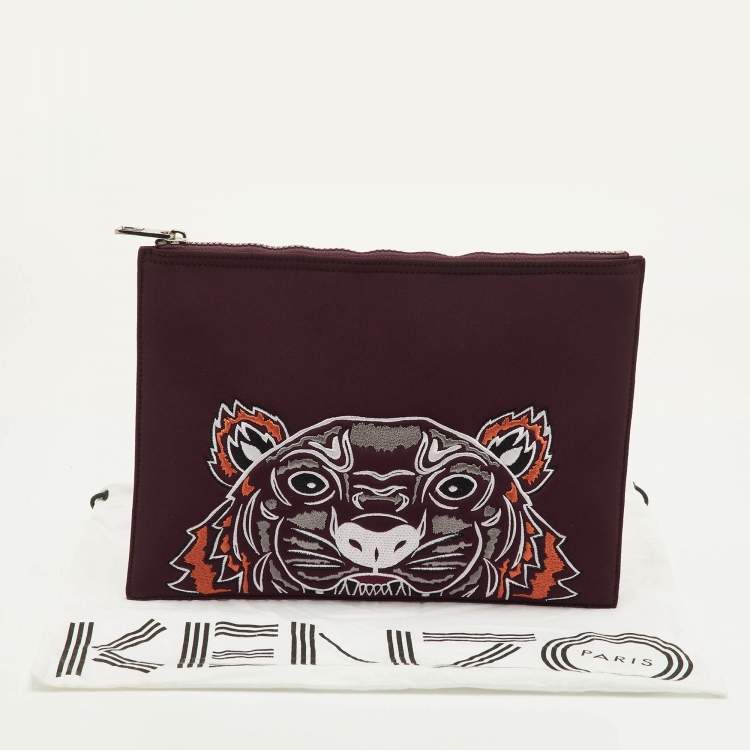 Pre Owned Kenzo Tiger Embroidered Burgundy Neoprene Zip Pouch Clutch