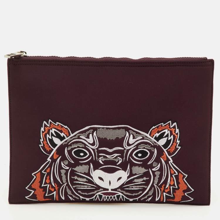 Pre Owned Kenzo Tiger Embroidered Burgundy Neoprene Zip Pouch Clutch