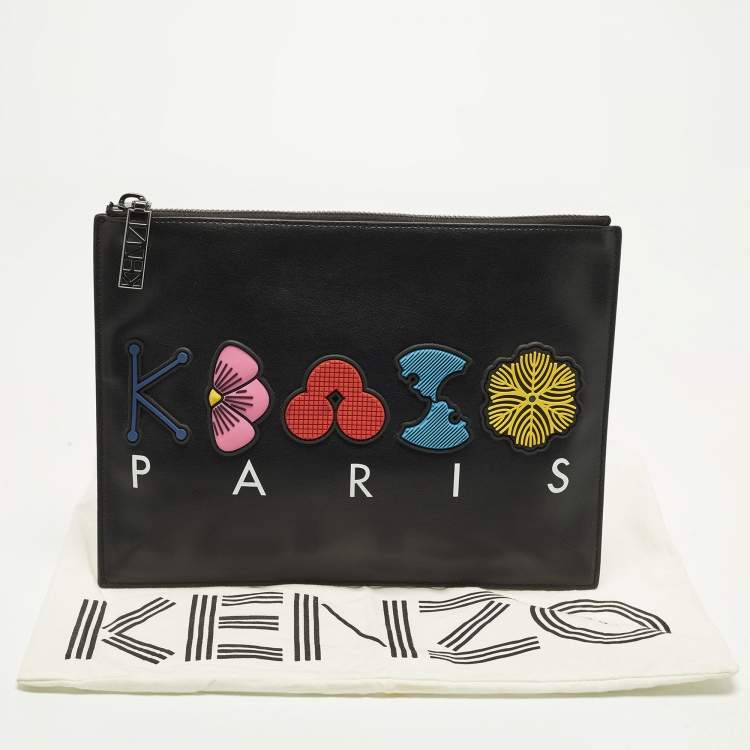 Pre Owned Kenzo Logo Patch Black Leather Zip Flat Pouch