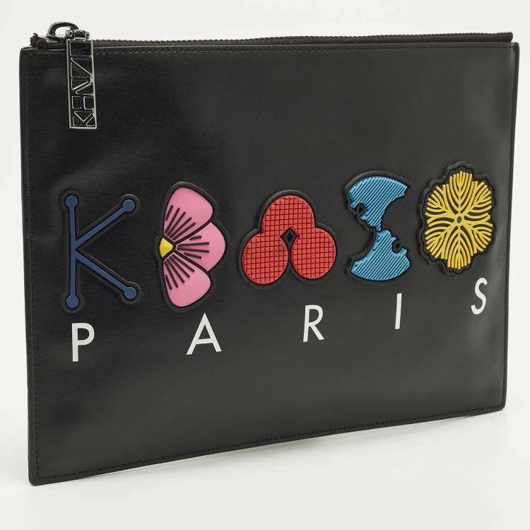 Pre Owned Kenzo Logo Patch Black Leather Zip Flat Pouch