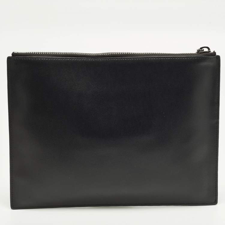 Pre Owned Kenzo Logo Patch Black Leather Zip Flat Pouch