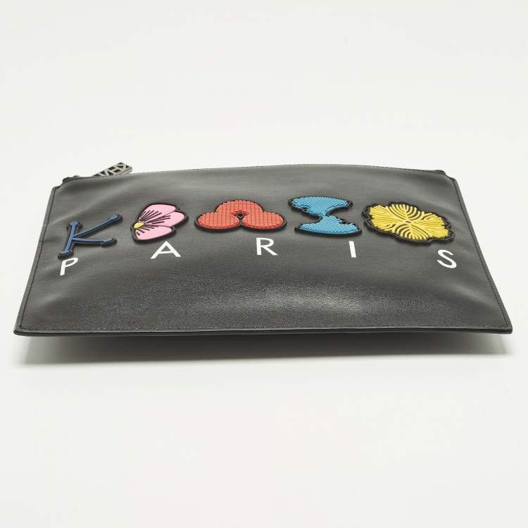 Pre Owned Kenzo Logo Patch Black Leather Zip Flat Pouch