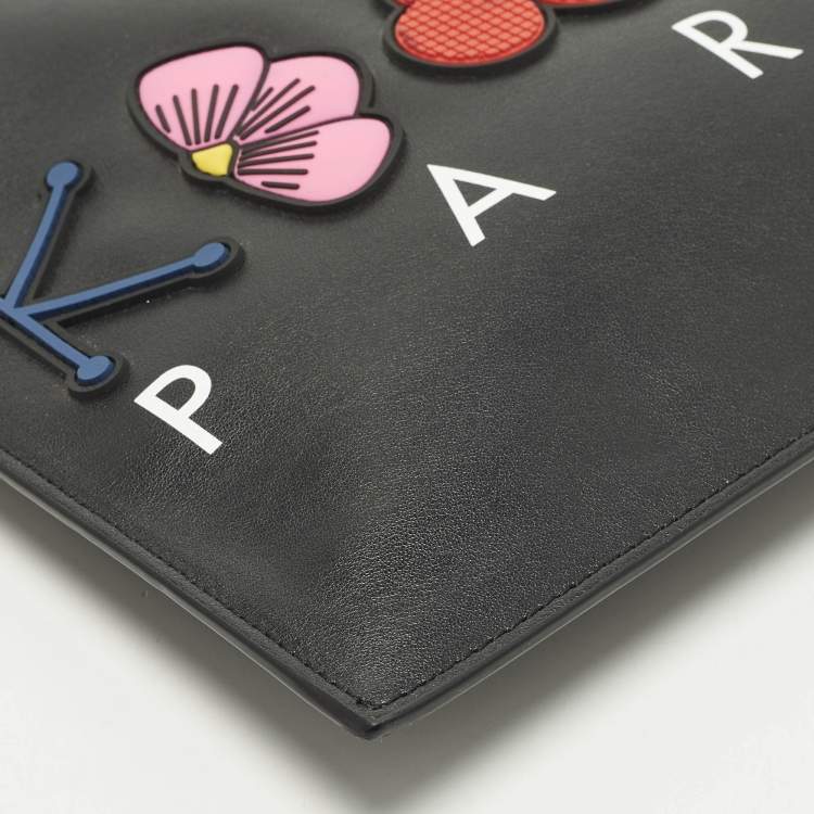 Pre Owned Kenzo Logo Patch Black Leather Zip Flat Pouch