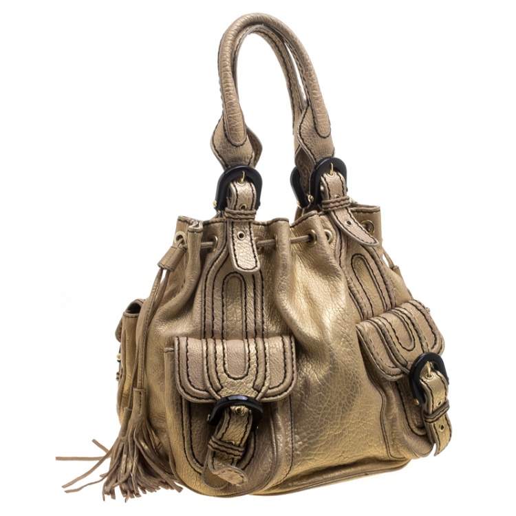 Pre Owned Kenzo Gold Leather Drawstring Studded Bucket Bag