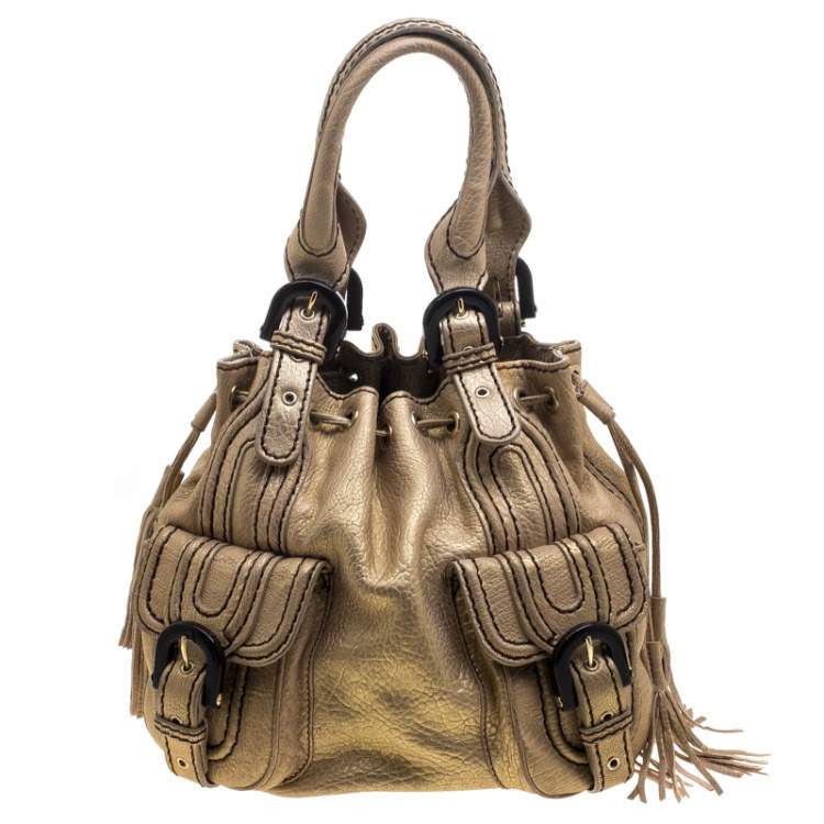 Pre Owned Kenzo Gold Leather Drawstring Studded Bucket Bag