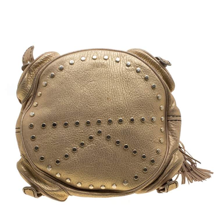 Pre Owned Kenzo Gold Leather Drawstring Studded Bucket Bag