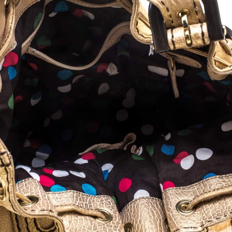 Pre Owned Kenzo Gold Leather Drawstring Studded Bucket Bag