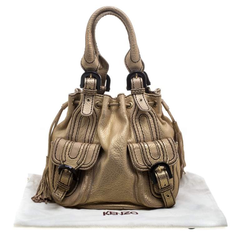 Pre Owned Kenzo Gold Leather Drawstring Studded Bucket Bag