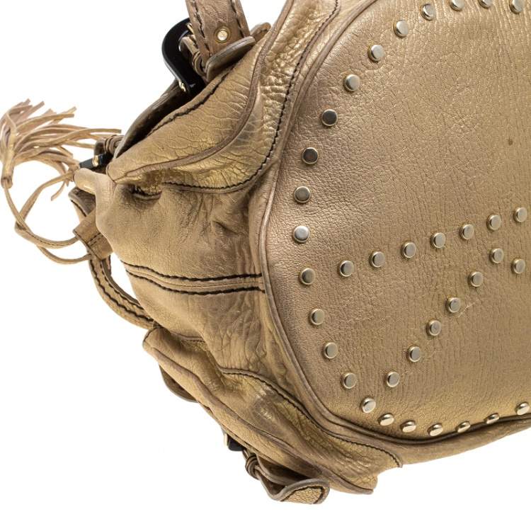 Pre Owned Kenzo Gold Leather Drawstring Studded Bucket Bag