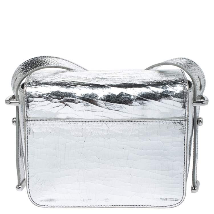 Pre Owned Kenzo Metallic Silver Cracked Leather Raindrop Crossbody Bag
