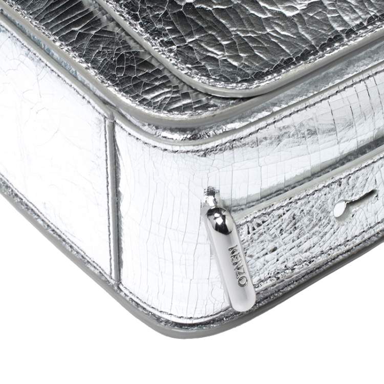 Pre Owned Kenzo Metallic Silver Cracked Leather Raindrop Crossbody Bag