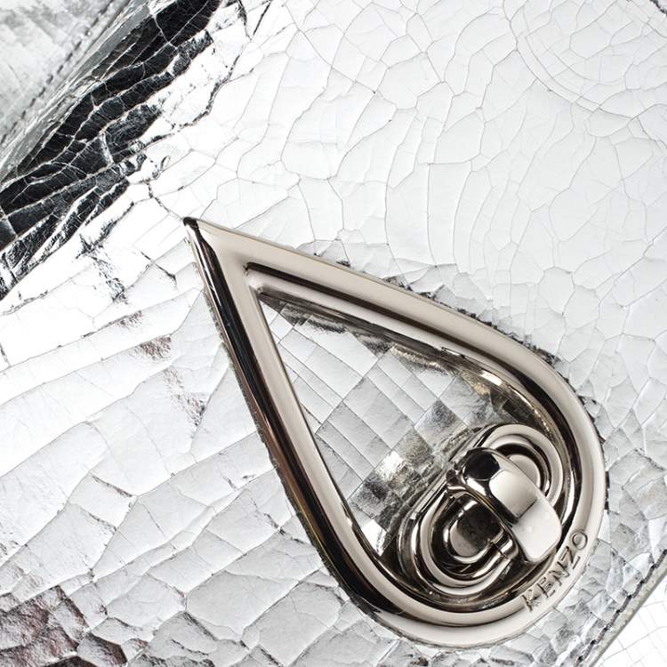 Pre Owned Kenzo Metallic Silver Cracked Leather Raindrop Crossbody Bag