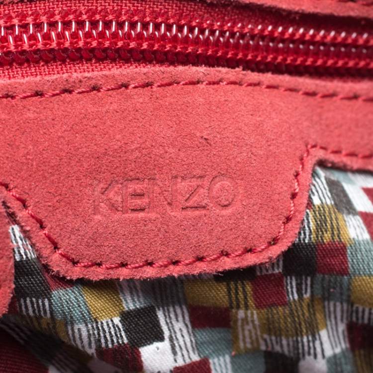 Pre Owned Kenzo Red Flower Embossed Suede Drawstring Satchel