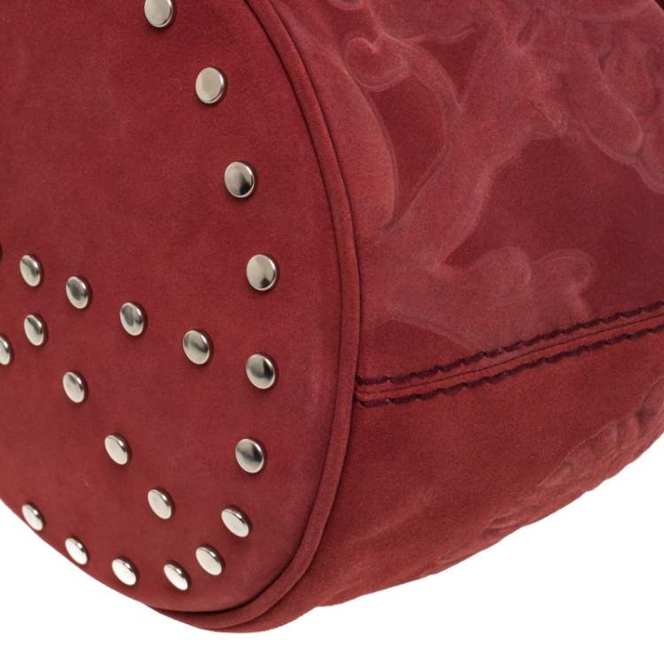 Pre Owned Kenzo Red Flower Embossed Suede Drawstring Satchel