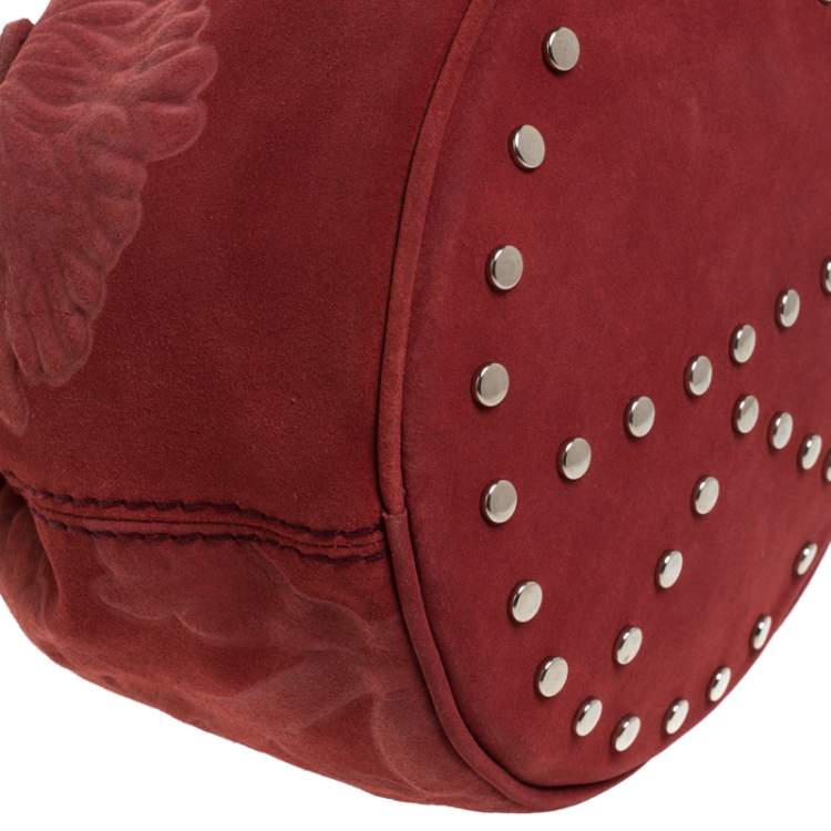 Pre Owned Kenzo Red Flower Embossed Suede Drawstring Satchel