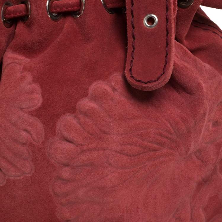 Pre Owned Kenzo Red Flower Embossed Suede Drawstring Satchel