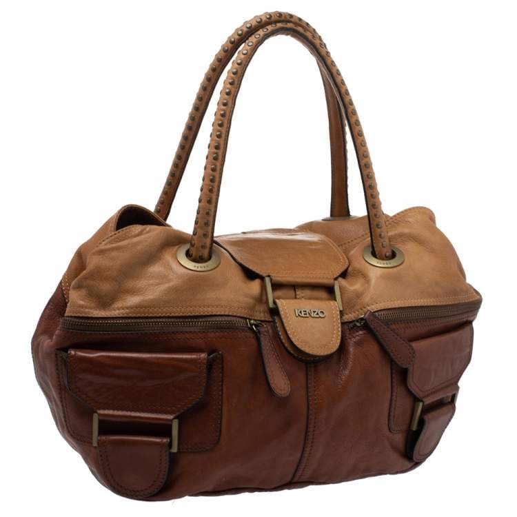 Pre Owned Kenzo Two Tone Brown Soft Leather Studded Handle Satchel