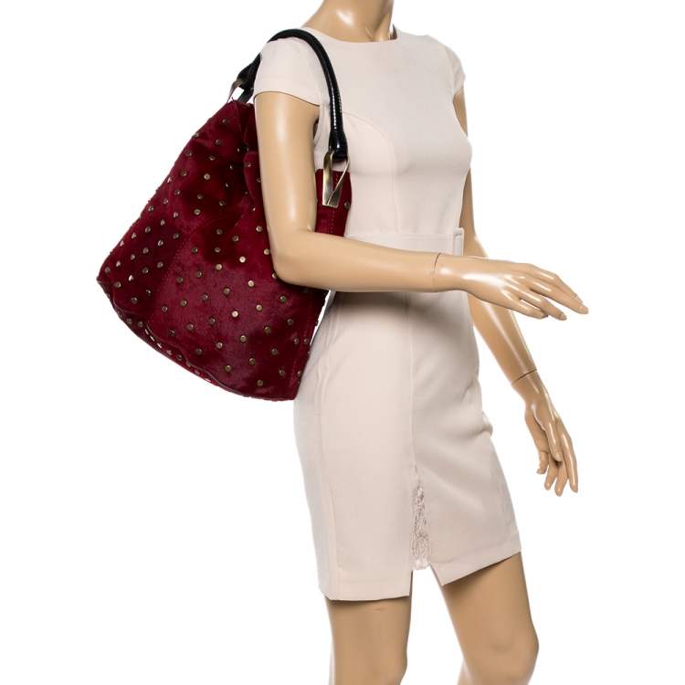 Pre Owned Kenzo Red Calfhair Studded Hobo