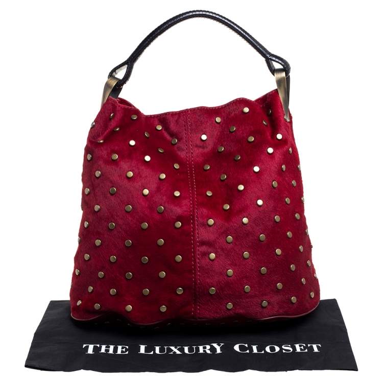 Pre Owned Kenzo Red Calfhair Studded Hobo