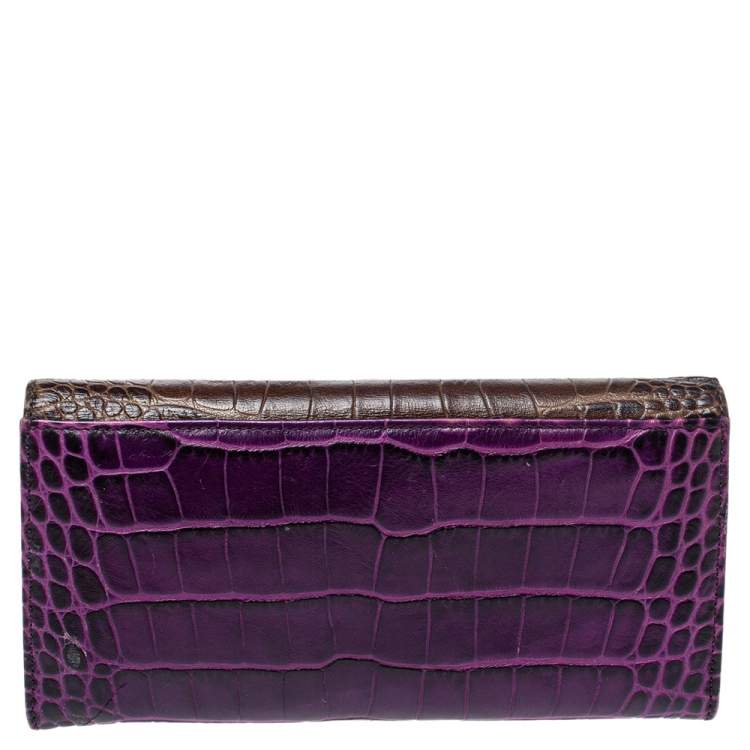 Pre Owned Kenzo Brown/Purple Croc Embossed Leather Wallet