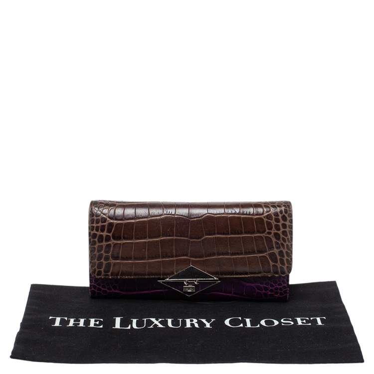 Pre Owned Kenzo Brown/Purple Croc Embossed Leather Wallet