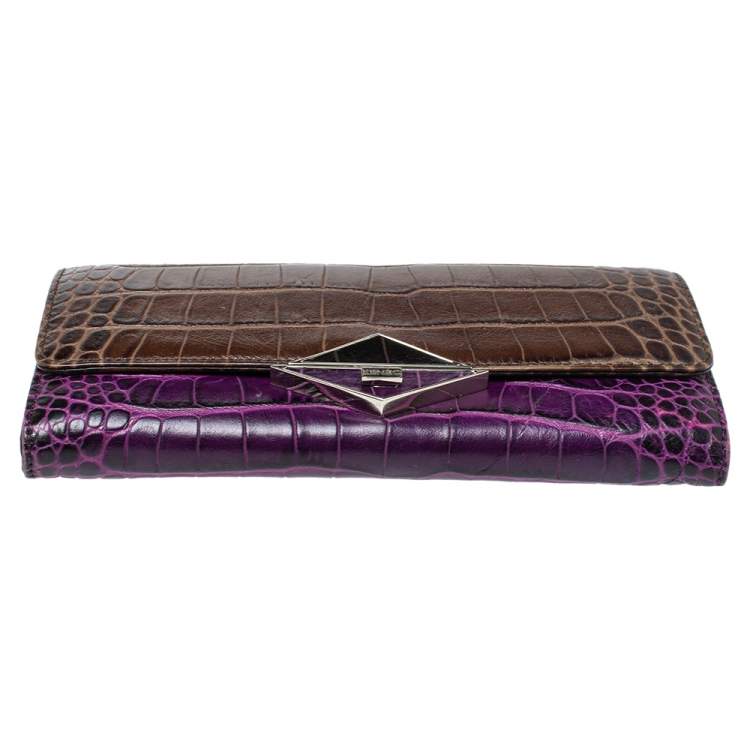 Pre Owned Kenzo Brown/Purple Croc Embossed Leather Wallet