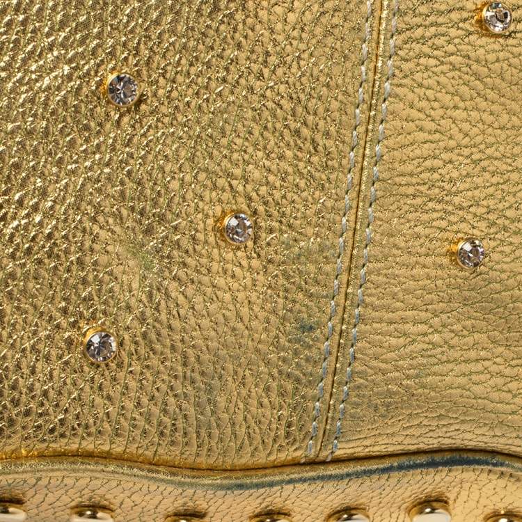 Pre Owned Kenzo Gold Embellished Grained Leather Woven Handle Hobo