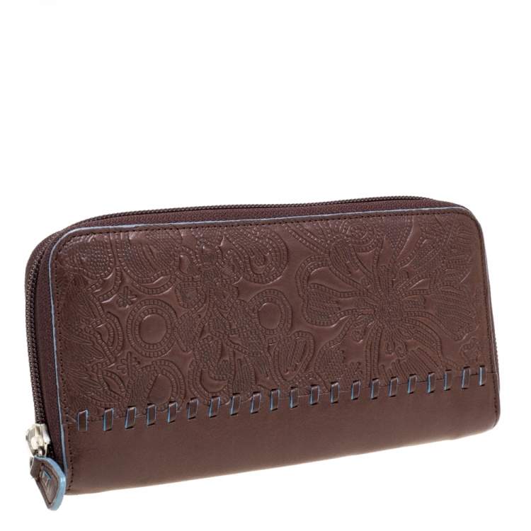Pre Owned Kenzo Brown Embossed Leather Zip Around Continental Wallet