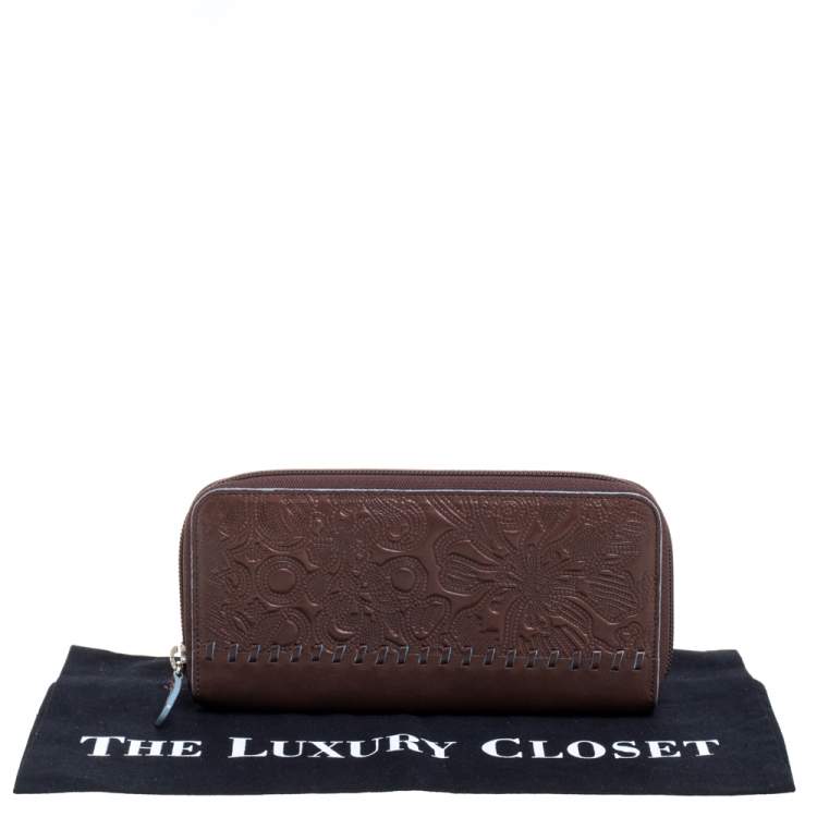 Pre Owned Kenzo Brown Embossed Leather Zip Around Continental Wallet