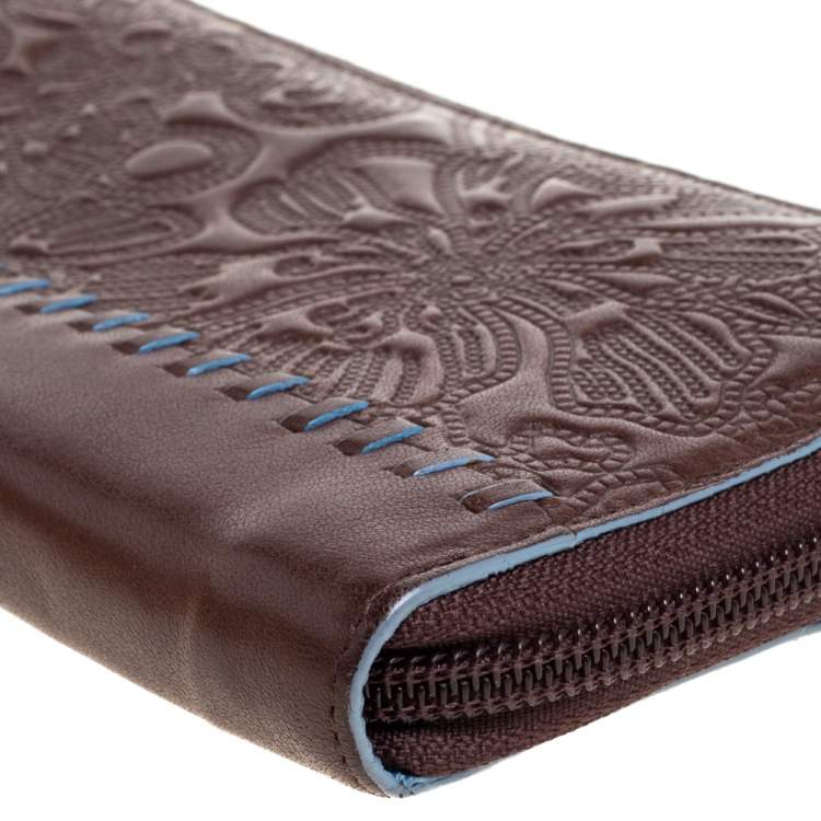 Pre Owned Kenzo Brown Embossed Leather Zip Around Continental Wallet