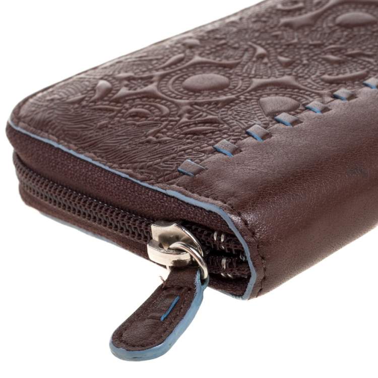 Pre Owned Kenzo Brown Embossed Leather Zip Around Continental Wallet