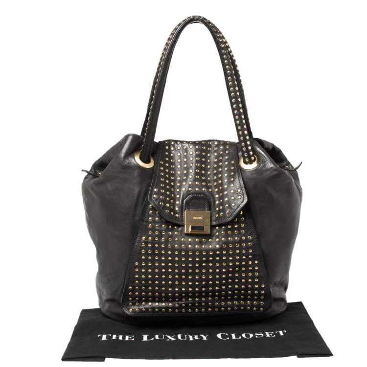 Pre Owned Kenzo Black Leather Studded Flap Shoulder Bag
