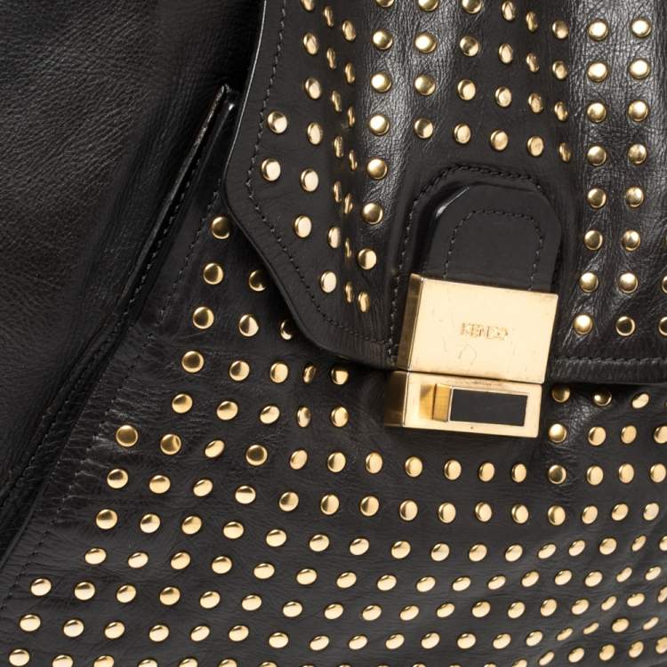Pre Owned Kenzo Black Leather Studded Flap Shoulder Bag