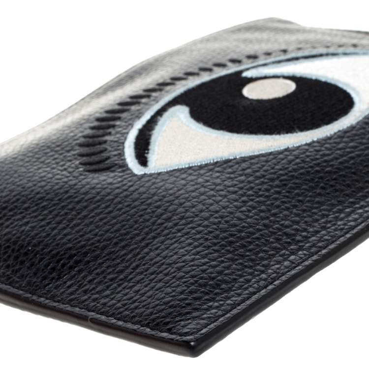 Pre Owned Kenzo Black Grained Leather Eye Embroidered Clutch