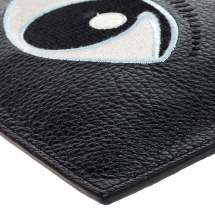 Pre Owned Kenzo Black Grained Leather Eye Embroidered Clutch