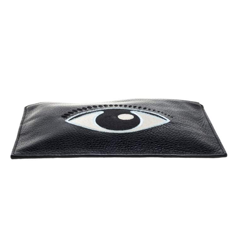 Pre Owned Kenzo Black Grained Leather Eye Embroidered Clutch