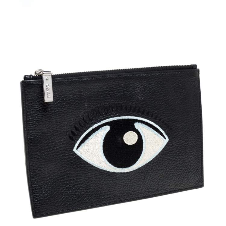 Pre Owned Kenzo Black Grained Leather Eye Embroidered Clutch