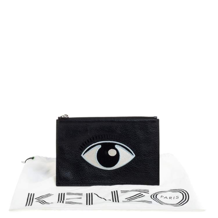 Pre Owned Kenzo Black Grained Leather Eye Embroidered Clutch