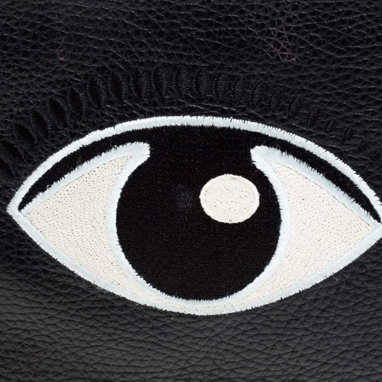 Pre Owned Kenzo Black Grained Leather Eye Embroidered Clutch
