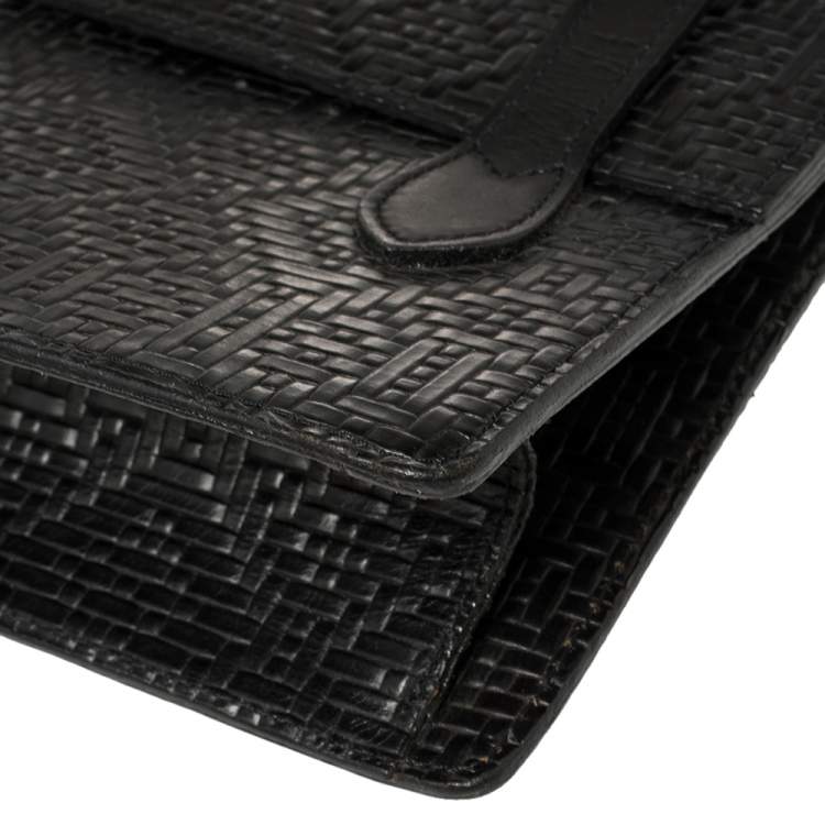 Pre Owned Kenzo Black Woven Leather Metal Pin Flap Tote