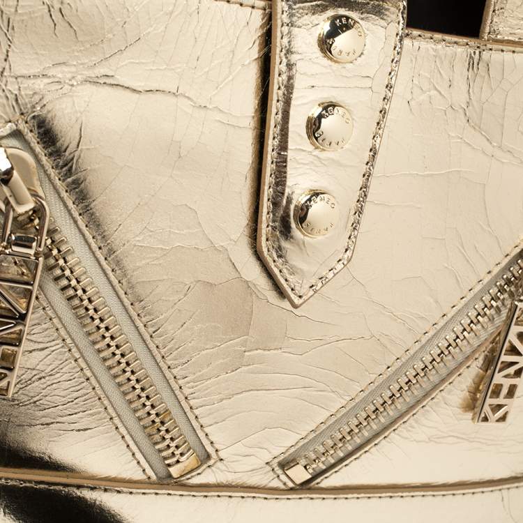 Pre Owned Kenzo Metallic Gold Crinkled Leather Mini Kalifornia Tote