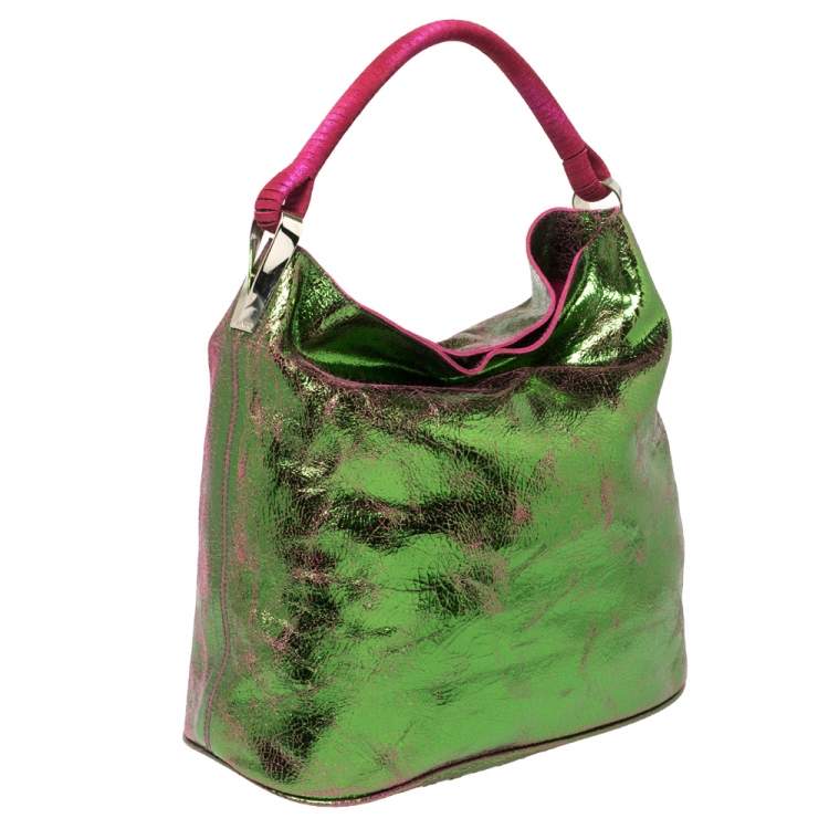 Pre Owned Kenzo Green/Pink Crinkled Leather Hobo