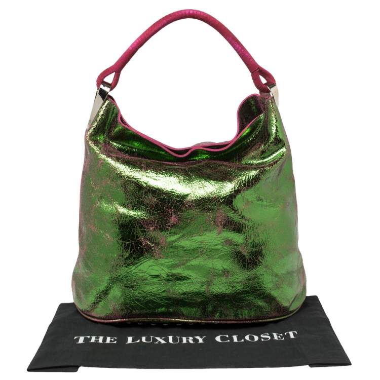 Pre Owned Kenzo Green/Pink Crinkled Leather Hobo