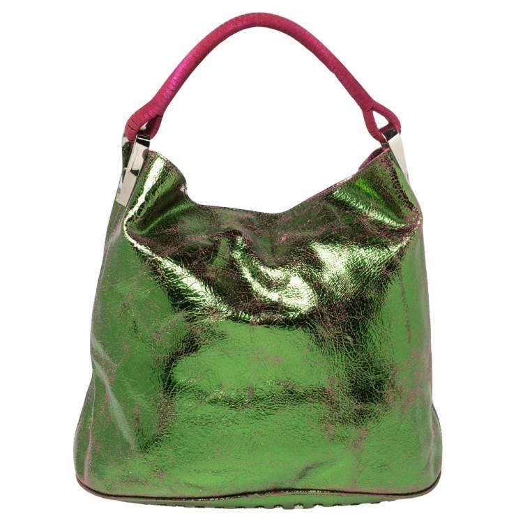 Pre Owned Kenzo Green/Pink Crinkled Leather Hobo