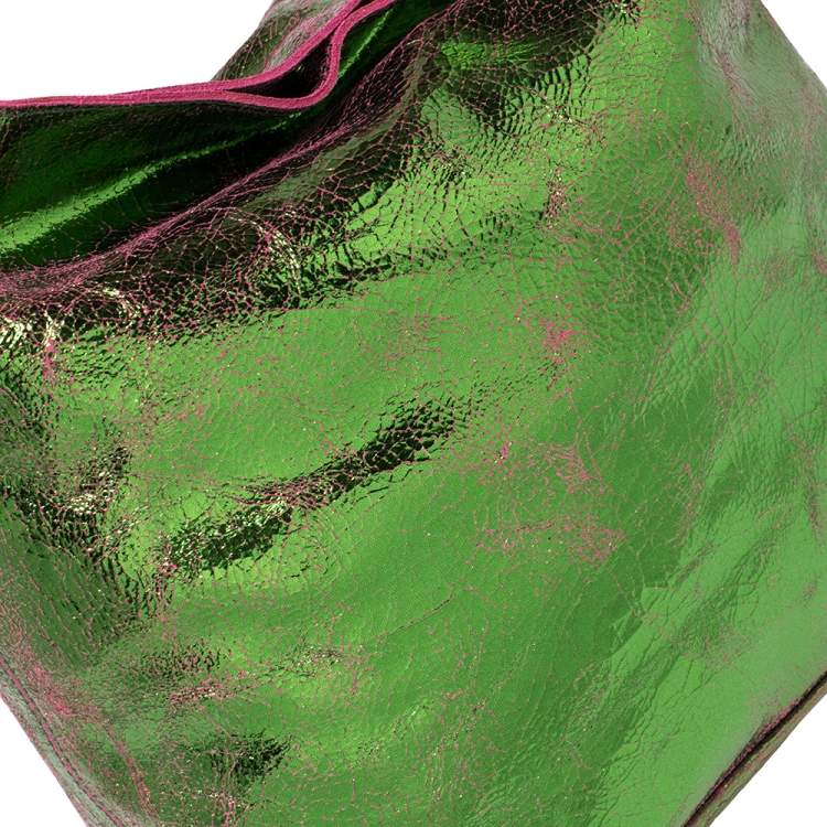 Pre Owned Kenzo Green/Pink Crinkled Leather Hobo