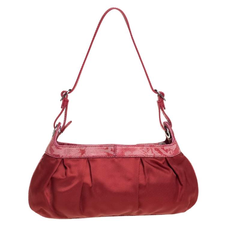 Pre Owned Kenzo Red Pleated Nylon and Leather Small Zip Hobo
