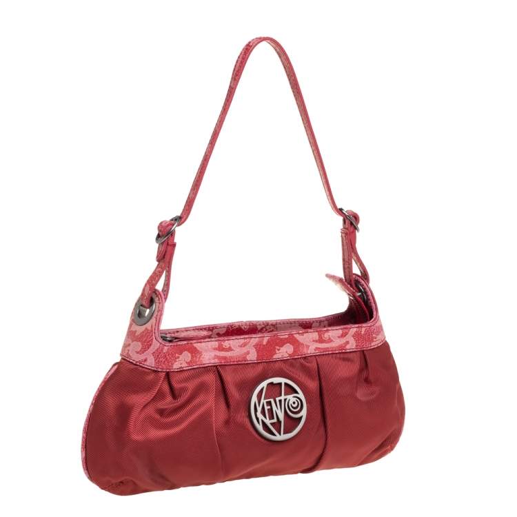 Pre Owned Kenzo Red Pleated Nylon and Leather Small Zip Hobo
