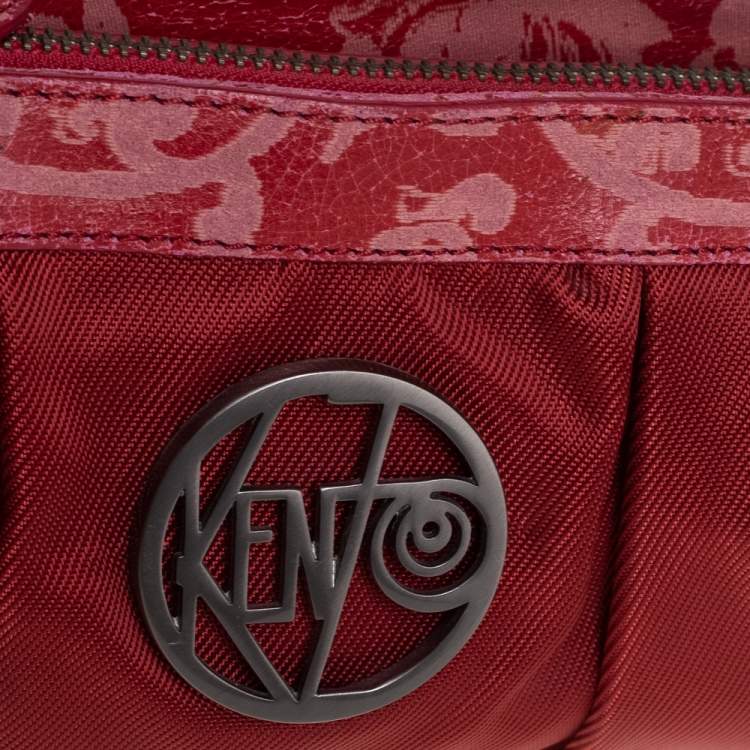 Pre Owned Kenzo Red Pleated Nylon and Leather Small Zip Hobo